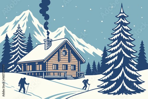 Winter in Valbona: wooden chalets, smoke plumes, snow-laden pines, mountaineers prepping crampons under a starry, crystalline sky, modern flat illustration style