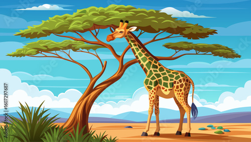 A giraffe stretches its long neck to nibble leaves from a tall acacia tree under the clear blue sky