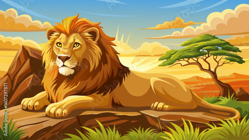 A lion lounges on a sunlit rock in the African savanna, golden mane rustling slightly in the hot afternoon breeze