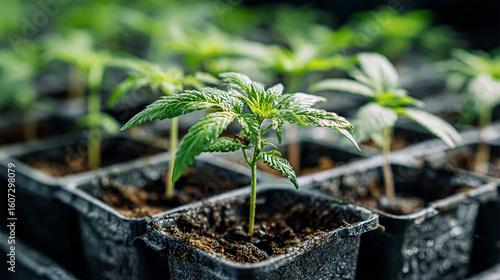 Close-up of young cannabis plants in small pots, showcasing vibrant green leaves and healthy stems. The neatly arranged seedlings highlight early stages of growth under optimal conditions in an indoor