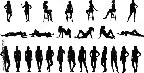 Silhouette collection of women in standing, sitting, and lying poses, black vector figures for fashion, art, design, and modeling