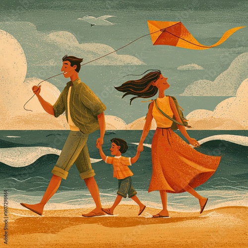 Family walking hand in hand on beach
