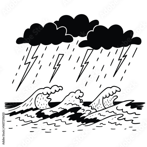 Vector illustration of a stormy sea with crashing waves under a thunder-filled sky multiple lightning bolts striking in the distance dramatic cloud layers and turbulent water stylized composition