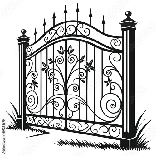 Vector illustration of an ornate black silhouette of a Victorian-style wrought iron gate featuring intricate scrollwork symmetrical floral patterns and pointed finials highly decorative and elegant