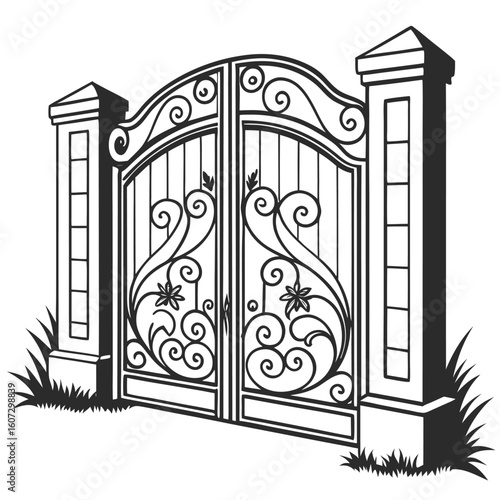 Vector silhouette of an ornate black wrought iron gate in a closed position symmetrical double doors with floral scrollwork arched top and decorative iron posts on each side elegant and timeless 
