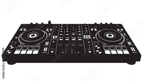 Black and white illustration of a DJ console