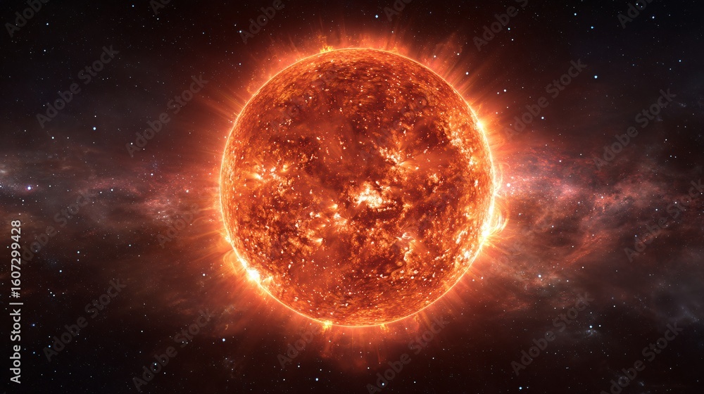 Obraz premium Bright Solar Star in Galactic Space with Fiery Energy Emissions