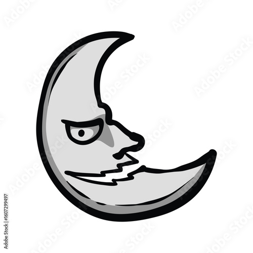 Angry Cartoon Crescent Moon with a Face.