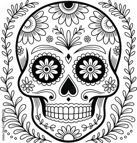 Intricate black and white sugar skull decorated with flowers and leaves