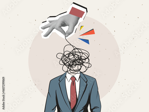 A hand pulls a thread from a tangled ball of thread where the head of a man dressed in a business suit should be. Modern photo collage style. Vector illustration