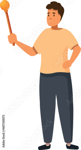 Young man museum guide holding telescopic stick pointer showing artwork, isolated on white background