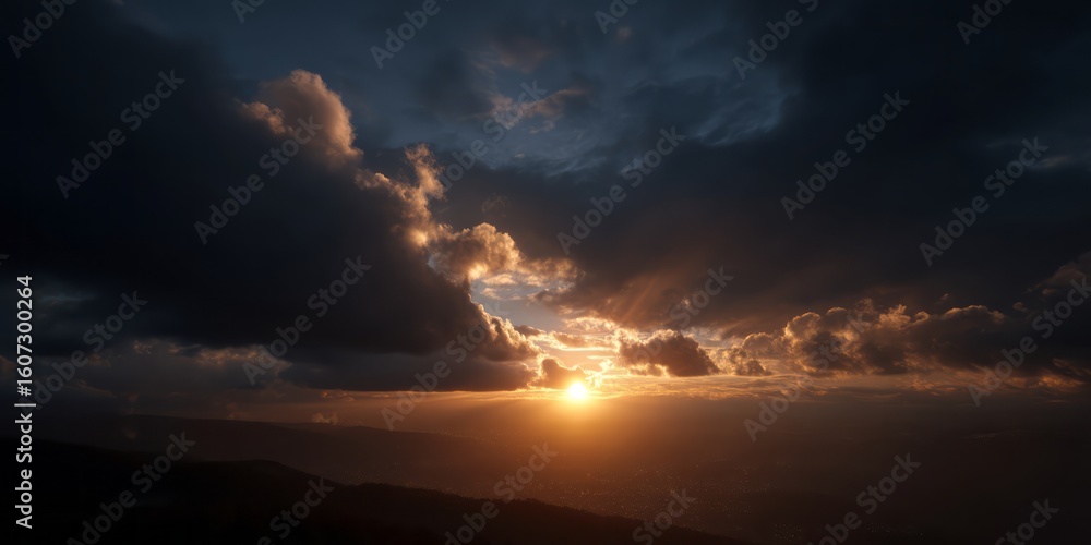 Fototapeta premium Dramatic sunset over mountains hdr panoramic view 360 degree landscape in nature
