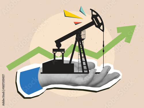 Black and white hand holding an oil derrick with a green growth arrow on a background. Modern collage style. Vector illustration