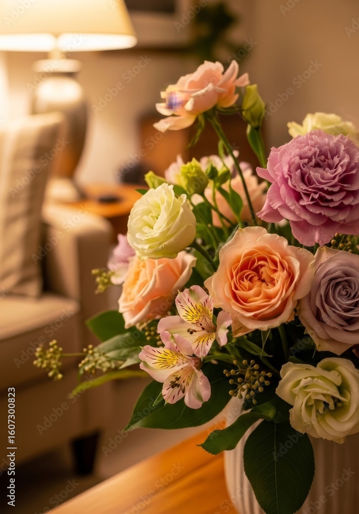 Fototapeta premium Lovely Pastel Flower Arrangement - Soft pastel roses, lisianthus, and alstroemeria create a beautiful and delicate floral bouquet. Perfect for home decor or gifting
