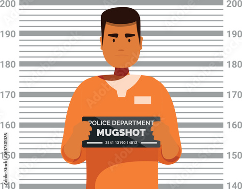 Criminal posing for mugshot, holding sign with police department and mugshot writing on it