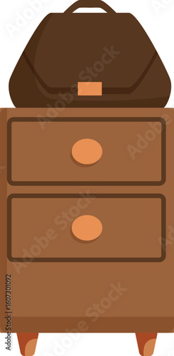 Brown leather handbag placed on top of wooden nightstand with two drawers, isolated on white background