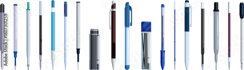 Pen refills icons set. Various ballpoint pens and refills, offering a range of writing and drawing tools for different purposes