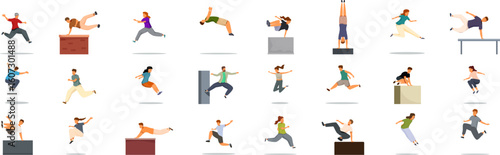 Parkour icons set. Traceurs practicing parkour, jumping over obstacles and performing acrobatics in an urban environment