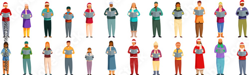 Carol singers icons set. Multicultural choir singing christmas carols, celebrating the festive season with joyful music and togetherness
