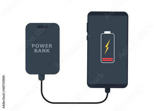 Portable power bank charging smartphone with low battery. Mobile energy solution