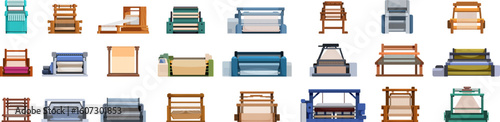 Weaving machine icons set. Different types of weaving looms are shown, highlighting the evolution and variety of these essential textile machines