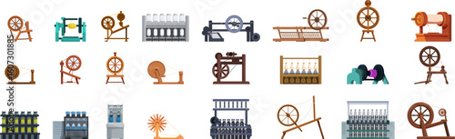 Spinning threads icons set. Collection of diverse spinning wheels and industrial textile machines, showcasing evolution of yarn and fabric production