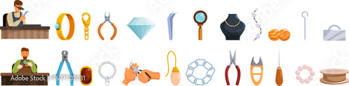 Jewelry making workshop icons set. Various tools and icons representing jewelry crafting and repair