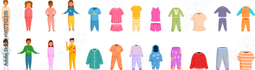 Sleepwear toddlers icons set. Kids wearing pajamas and different pajama sets for bedtime, ensuring comfort and style for a good night s sleep