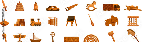 Educational wooden toys icons set. Diverse set of wooden toys showcasing creativity and craftsmanship