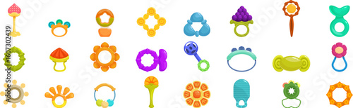 Teething toys icons set. Collection of colorful and textured baby teethers designed to soothe sore gums and stimulate developing senses