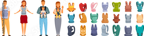 Baby carrier icons set. Parents showcasing baby carriers alongside various colorful designs