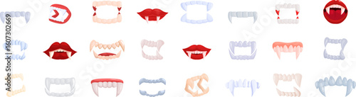 Fake vampire teeth icons set. Set of vampire fangs and lips showing teeth baring for halloween costume party