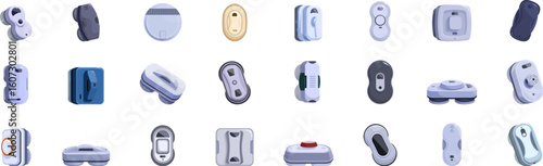 Window cleaning robot icons set. Various contemporary wall switch designs displayed in a grid