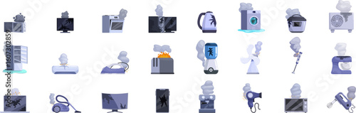 Broken appliances icons set. Smoke emitting from various broken home appliances, indicating malfunction, electrical issues, and potential fire hazards