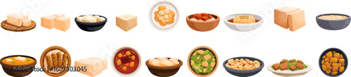 Tofu icons set. Showcasing a variety of tofu dishes, from simple blocks to complex meals, highlighting the versatility of this soy based food