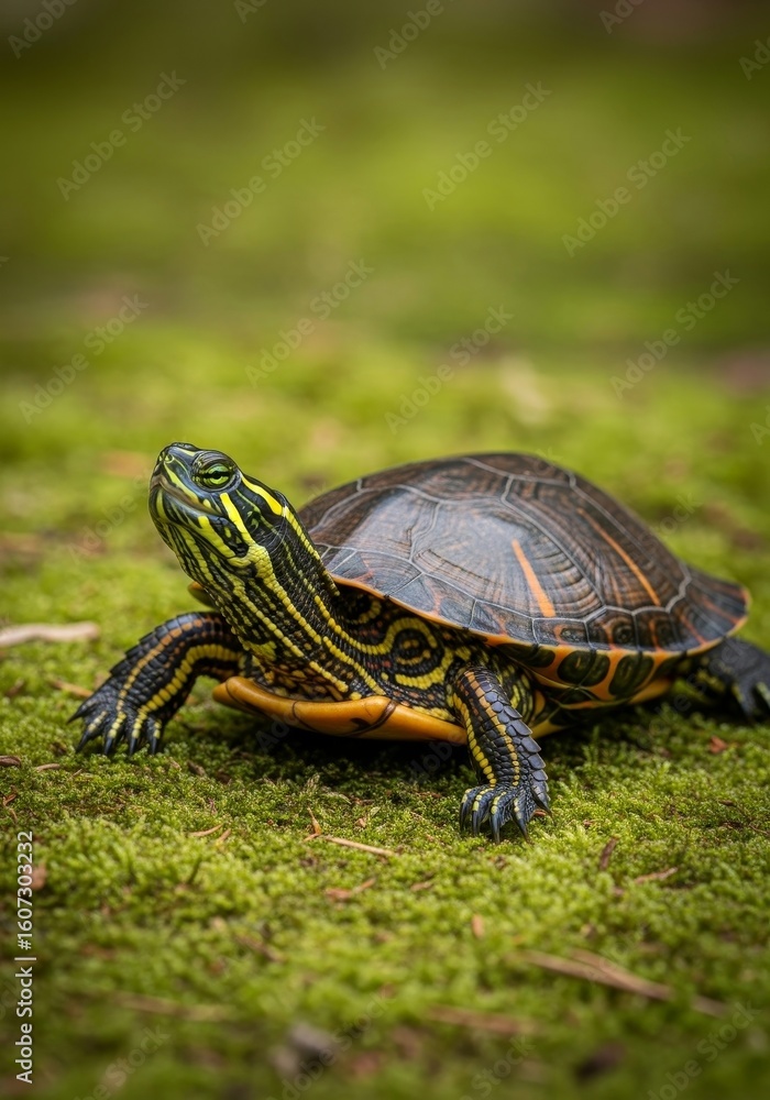 Fototapeta premium Painted Turtle Basking on Moss - A painted turtle basks in the sun on a bed of vibrant green moss. It symbolizes nature, peace, resilience, slow living, and wildlife