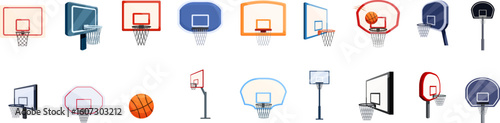 Basketball hoop icons set. Collection of basketball hoops and ball presenting various designs, colors, and perspectives, ideal for sports related projects