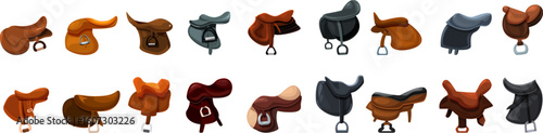 Equestrian saddle icons set. Collection of horse saddles showcasing various designs, colors, and styles for horseback riding