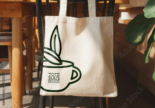 Canvas Tote Bag Mockup Hanging on Chair in Café