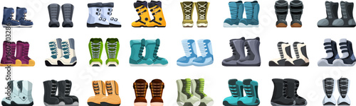 Snowboard boots icons set. Diverse collection of colorful snowboarding boots displayed