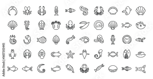 Vector art of a variety of seafood icons on a white background offers a simple and clean aesthetic for any design project