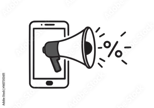A smartphone with a megaphone icon projecting a percentage symbol, indicating a sale.