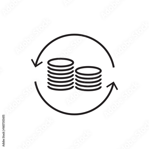 Line icon of stacked coins inside a circular arrow. Represents refinancing, revolving credit, loan restructuring, or financial cycle.