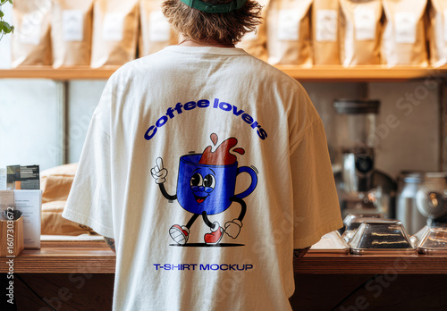 Coffee Shop T-Shirt Mockup with Back View of Person