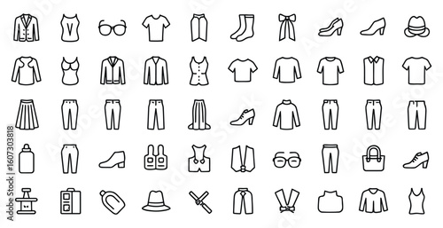 Vector art of collection of clothing and accessories icons isolated on white background representing fashion, style, and apparel