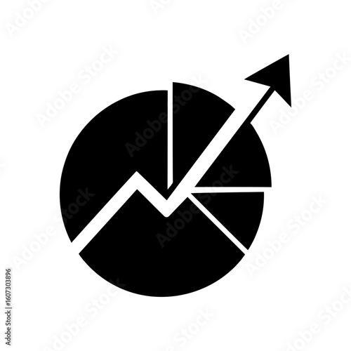 Arrow moving upward through pie chart in minimal silhouette for growth metrics