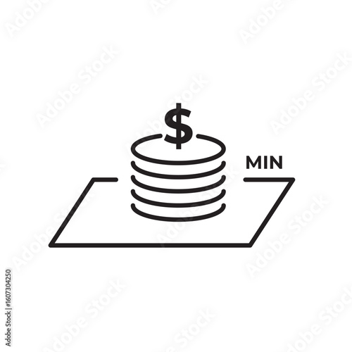Minimal line icon of stacked coins labeled “MIN,” symbolizing minimum payment. Ideal for banking, credit card billing, loan repayment apps, or financial management platforms and dashboards.