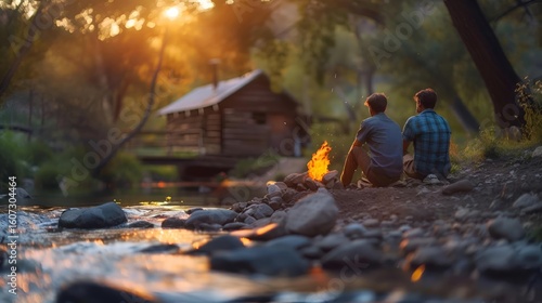 Two Friends Enjoying a Campfire by a Rural Stream at Sunset