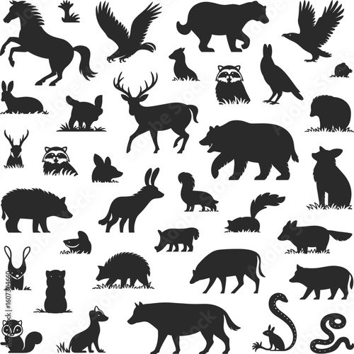  A comprehensive collection of detailed black silhouettes of various wild forest animals and birds, a vector graphic set for design, isolated on white background.