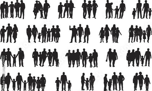  A comprehensive vector graphic collection of black silhouettes depicting diverse family groups, parents with children, and friends standing and walking together, isolated on a clean white background.